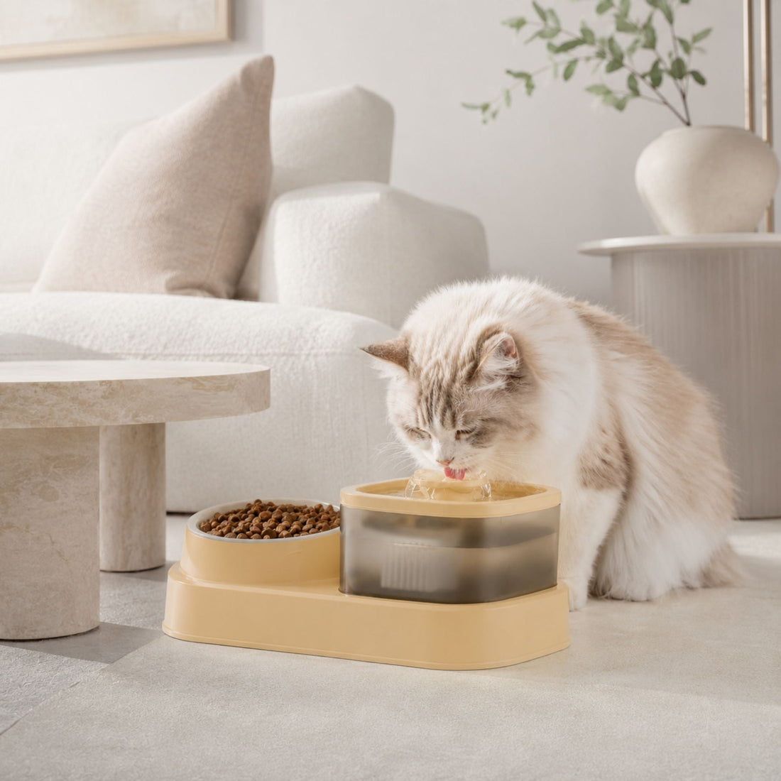 2-in-1 Cat Water Fountain and Food Bowl Feeding Station