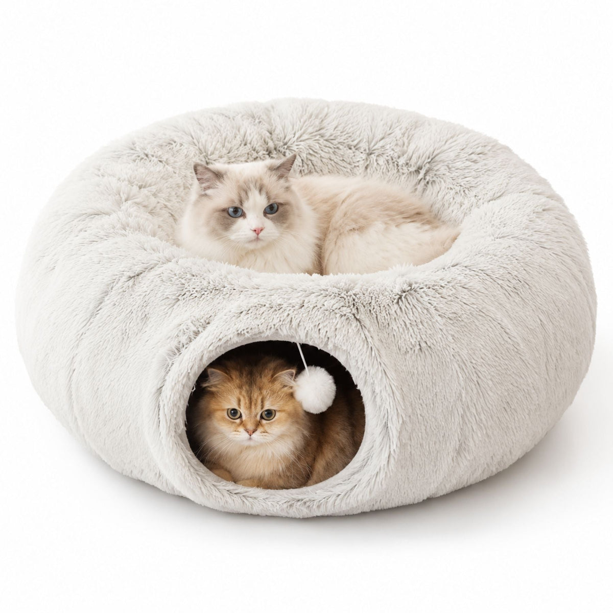 2-in-1 Plush Cat Tunnel Bed with Cave and Hanging Toy