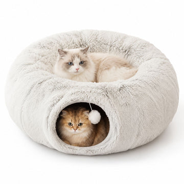 2-in-1 Plush Cat Tunnel Bed with Cave and Hanging Toy