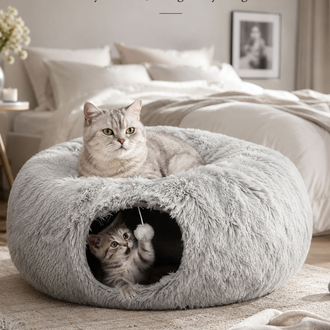 2-in-1 Plush Cat Tunnel Bed with Cave and Hanging Toy