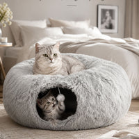 2-in-1 Plush Cat Tunnel Bed with Cave and Hanging Toy