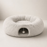 2-in-1 Plush Cat Tunnel Bed with Cave and Hanging Toy
