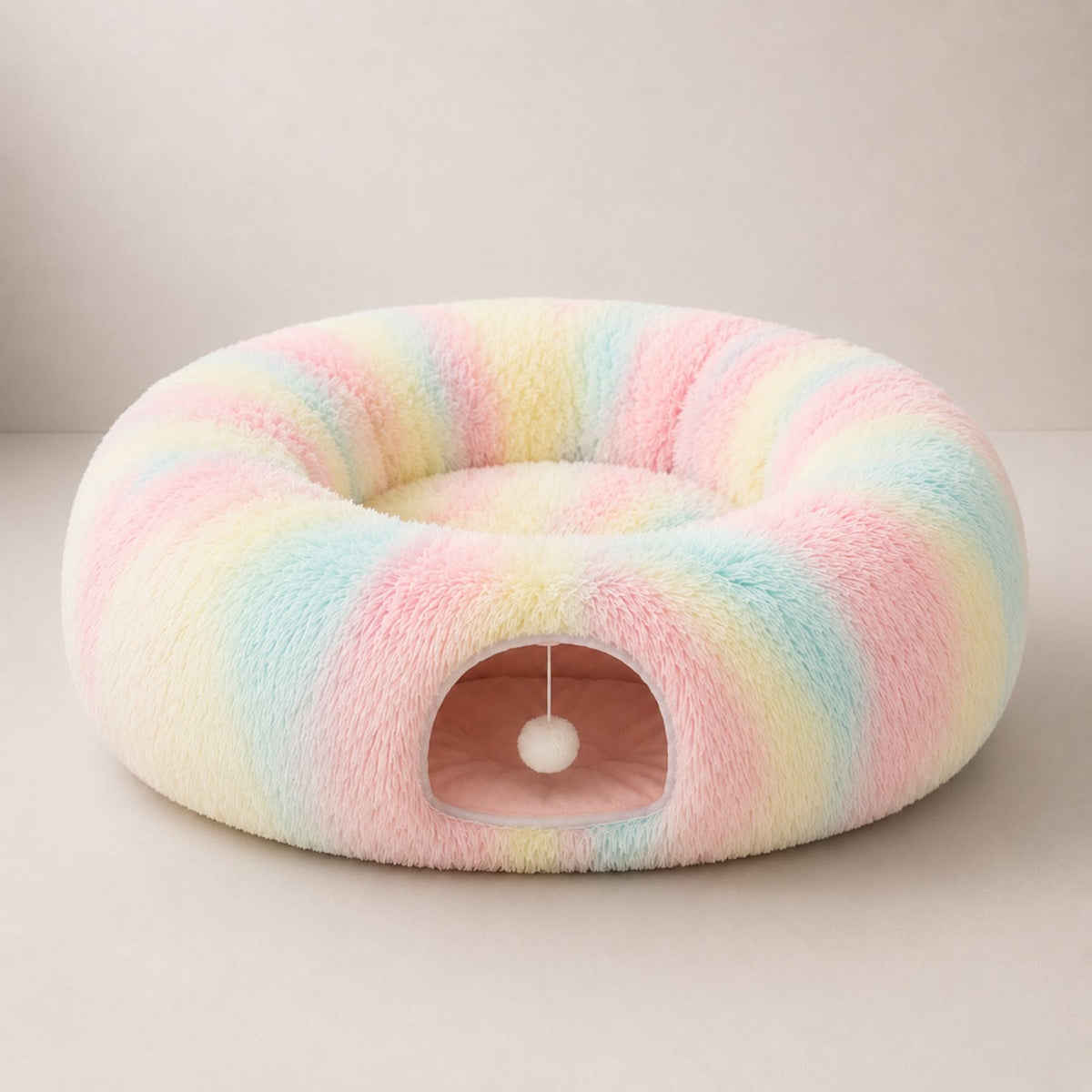 2-in-1 Plush Cat Tunnel Bed with Cave and Hanging Toy
