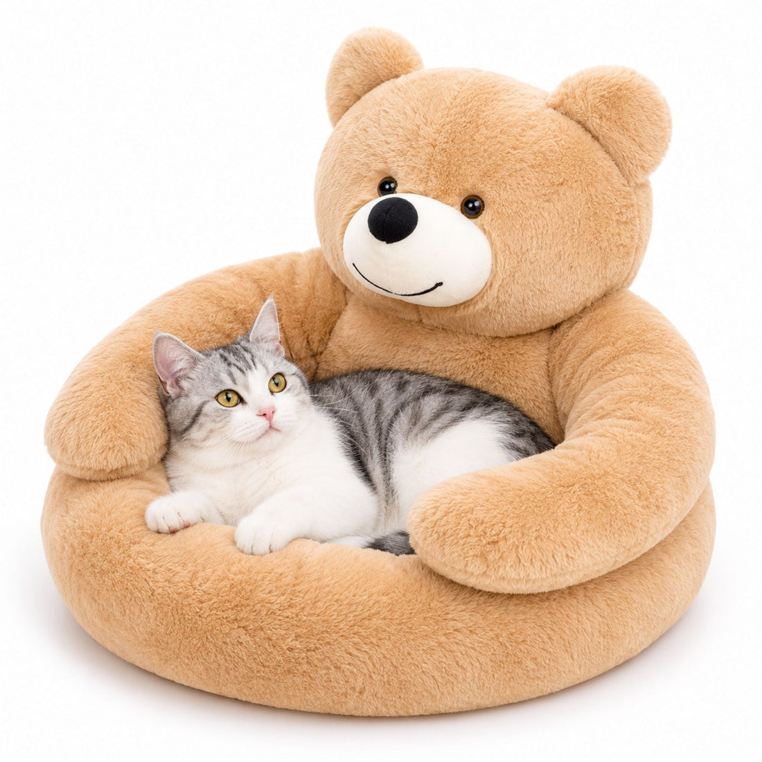 Bear-Shaped Plush Cat Bed and Small Dog Sofa with Removable Cushion