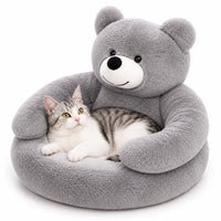 Bear-Shaped Plush Cat Bed and Small Dog Sofa with Removable Cushion