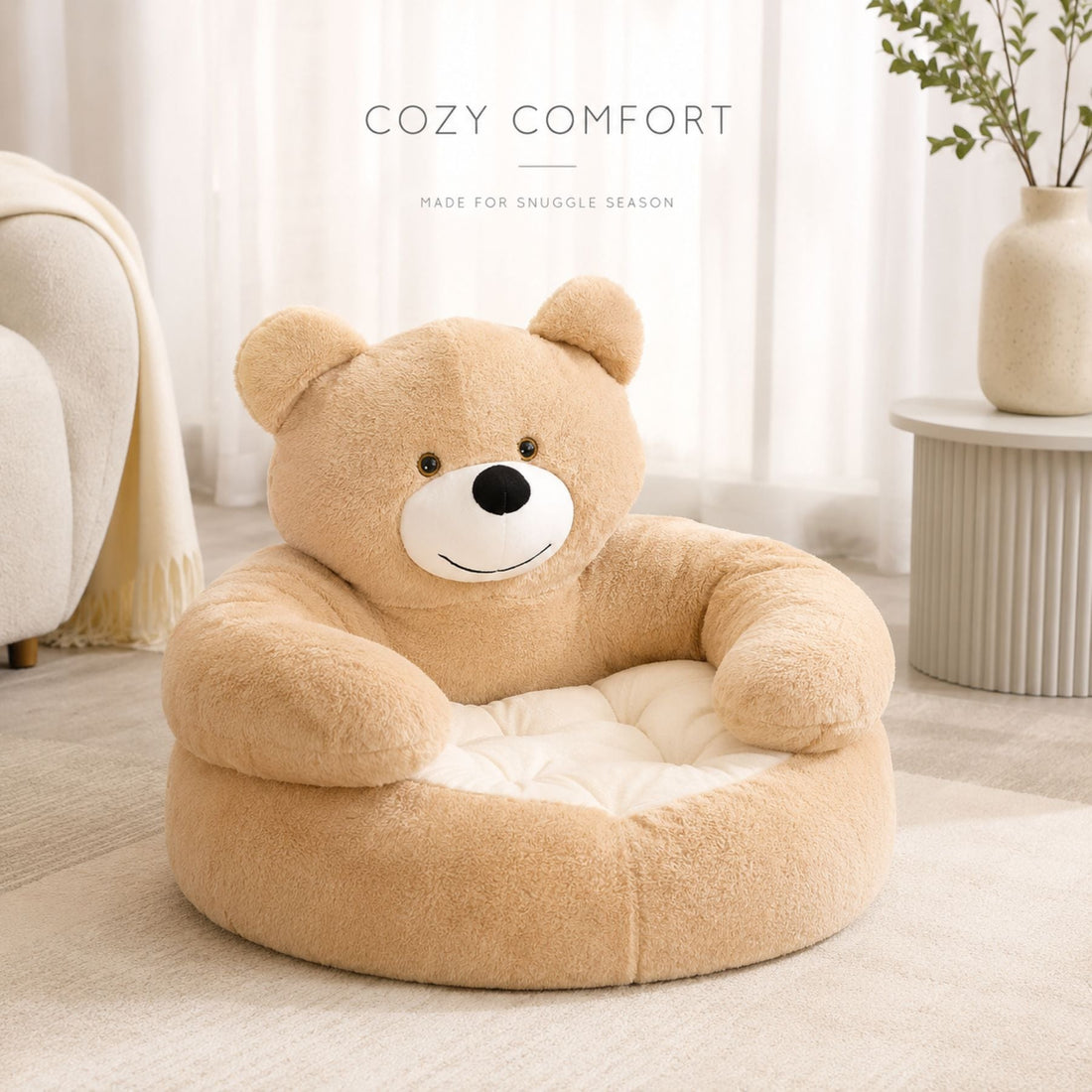 Bear-Shaped Plush Cat Bed and Small Dog Sofa with Removable Cushion