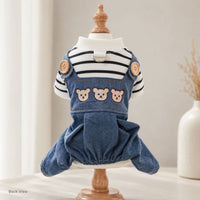 Bear Embroidered Denim Dog Overalls with Striped Shirt and D-Ring