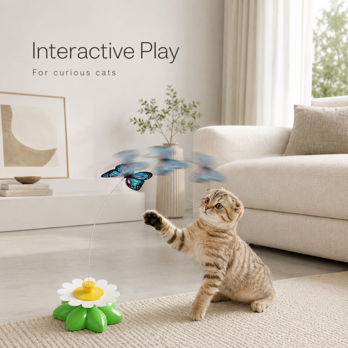 Interactive Flower Cat Toy with Swinging Butterfly and Bird Attachments, Rotating Teaser Toy for Indoor Cats