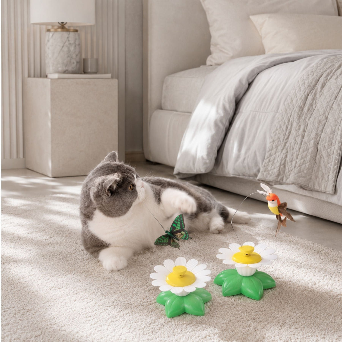 Interactive Flower Cat Toy with Swinging Butterfly and Bird Attachments, Rotating Teaser Toy for Indoor Cats